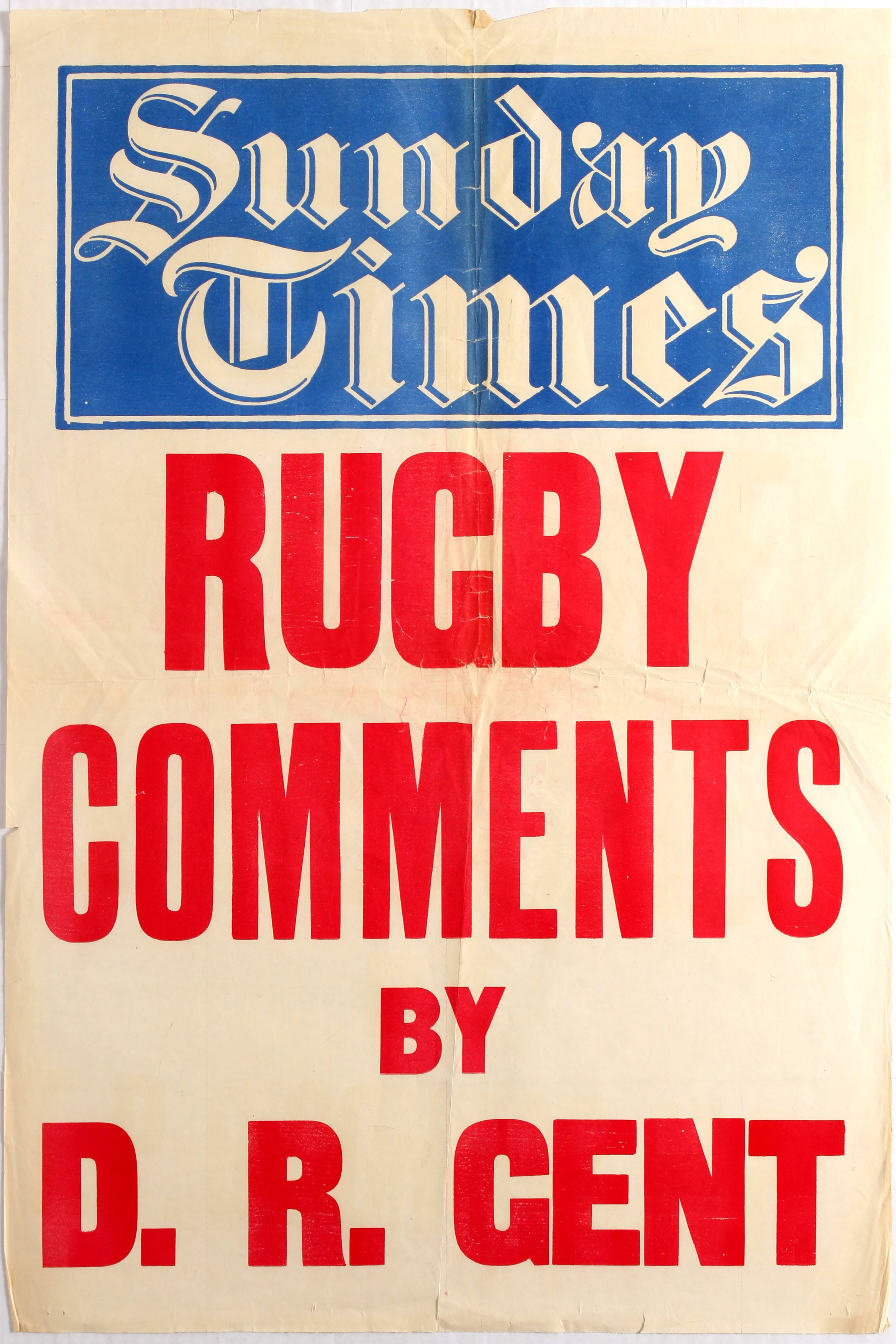 Advertising Poster Sunday Times Rugby Comments by D. R. Gent 1930s
