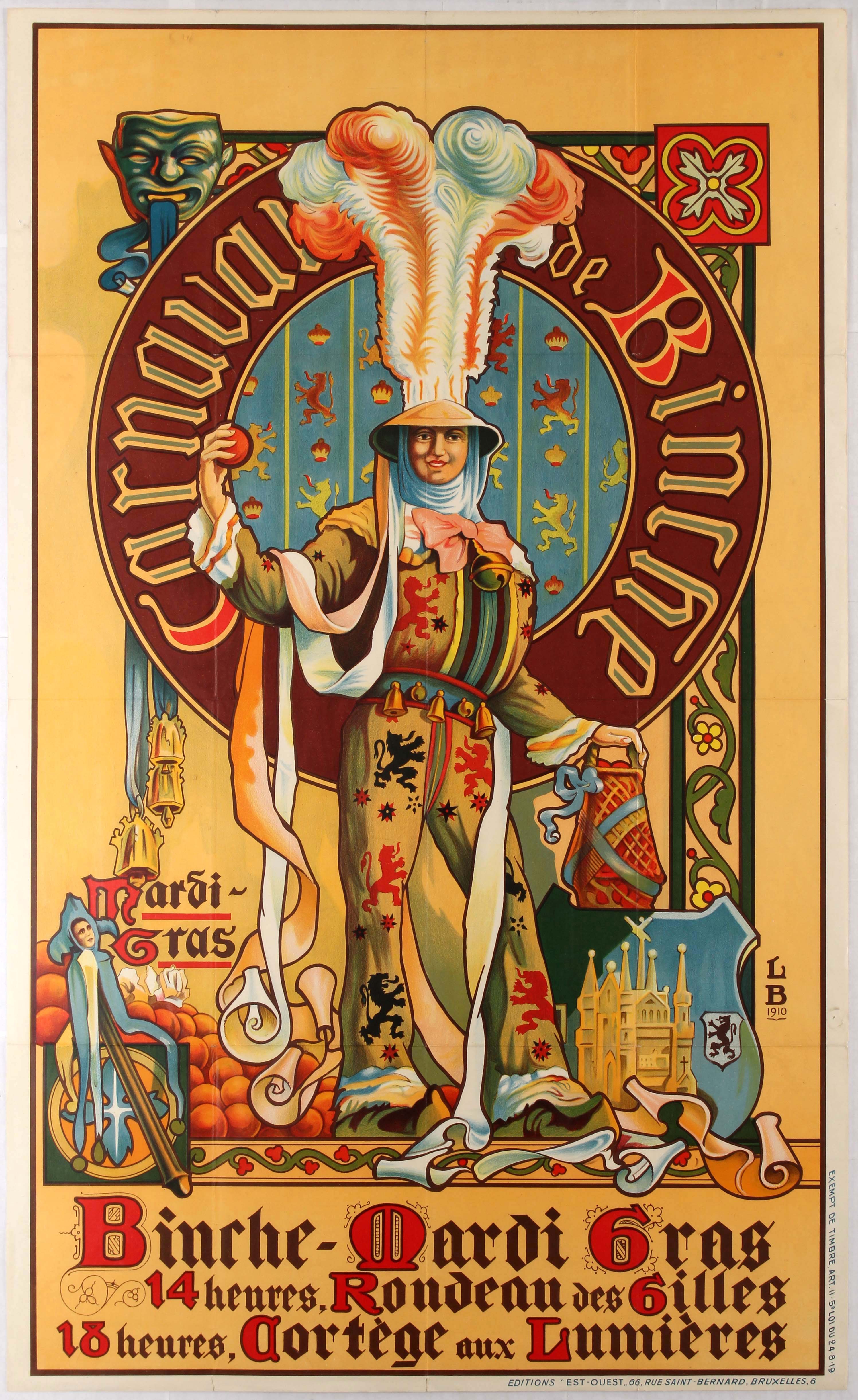 Advertising Poster Carnival de Binche Mardi Grass Buisseret 1910