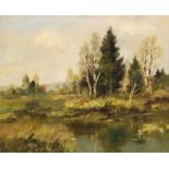 Burger, Josef (1887 München 1966). Landschaft mit kleinem Teich u. Wildunterstand. Öl auf Lwd, um