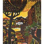 Pohl, Alfred (1928 Essen). Landschaft mit Bäumen u. Haus. Farbholzschnitt, 1988. 40 x 35 cm, Blgr.