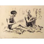 Loukota, Josef (1879 Hranice - Prag 1967). Zwei Frauen im Badeanzug am Strand. Kohlezeichnung auf