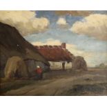 Bauernhof. Bäuerin vor dem Stall mit Heuhaufen . Öl auf Lwd., 1. H. 20. Jh. 32 x 40 cm. Unten re.