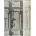 Säulenhalle mit korinthischen Säulen, Kapitellen, Fries u. einer Statue. Architektonische