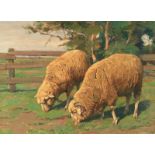 Denzel, Anton (1888 Ehingen - Riedlingen 1962). Zwei Schafe in Landschaft. Öl auf Holz (19)32K.