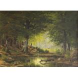 Arnegger, Alwin (1883 Wien 1916). See im Wald, im Hintergrund eine Lichtung mit zwei Rehen. Öl auf