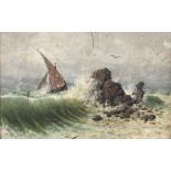 Fischerboot in der Meeresbrandung an einem Felsen. Öl auf Holz, 1893. 22 x 34 cm. Unten li.