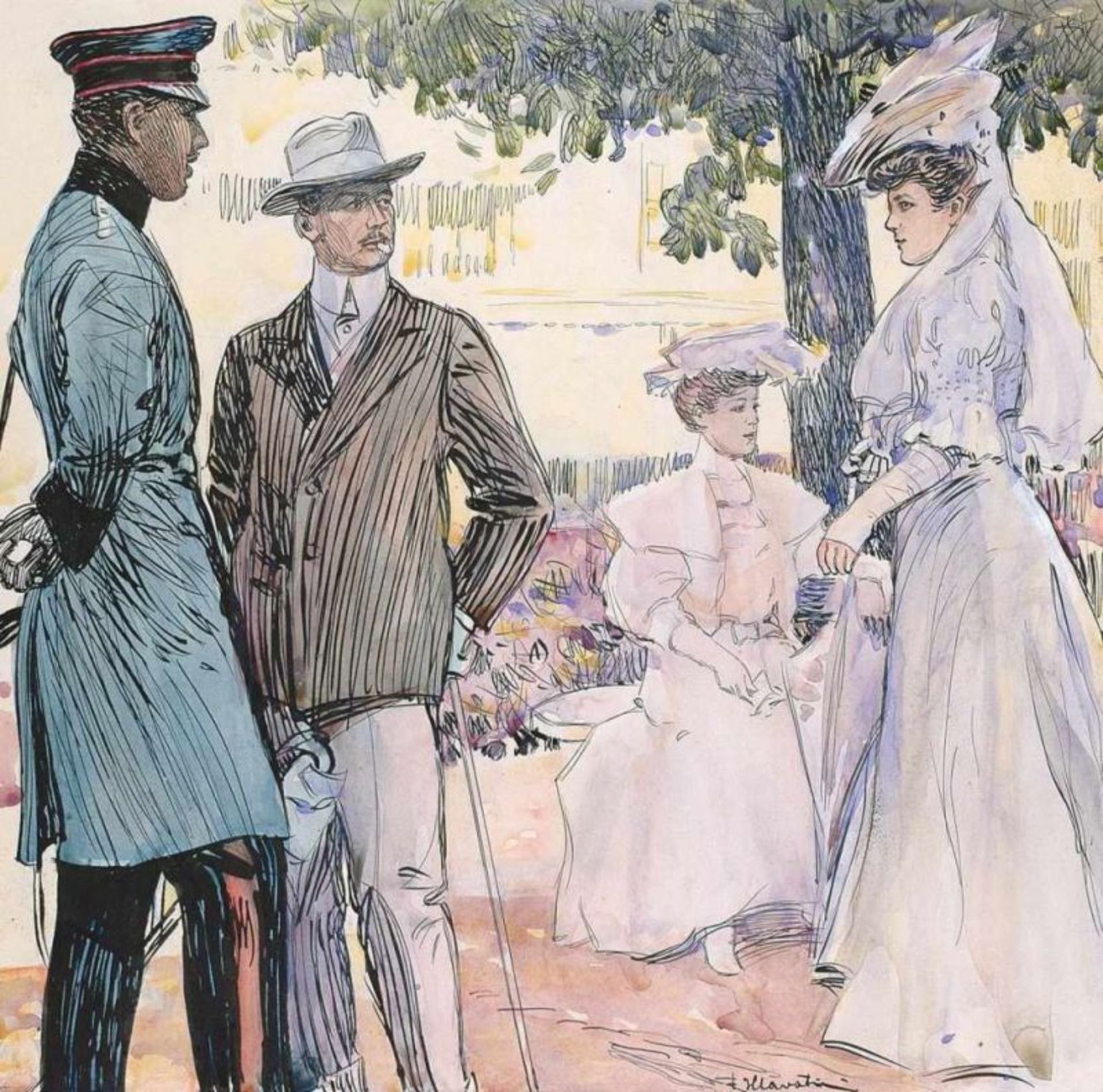 Hlavaty, Franz (1861 Chyjichich - München 1917). Zwei Damen und ein Herr, sowie ein Uniformierter im