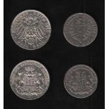 Deutsches Reich. 2 Silbermünzen. 2 und 3 Mark. Freie und Hansestadt Hamburg. J 1876 und J 1910.