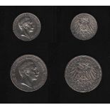 Deutsches Reich. 2 Silbermünzen. 3 und 5 Mark. Wilhelm II., Deutscher Kaiser. A 1912 und A 1908.