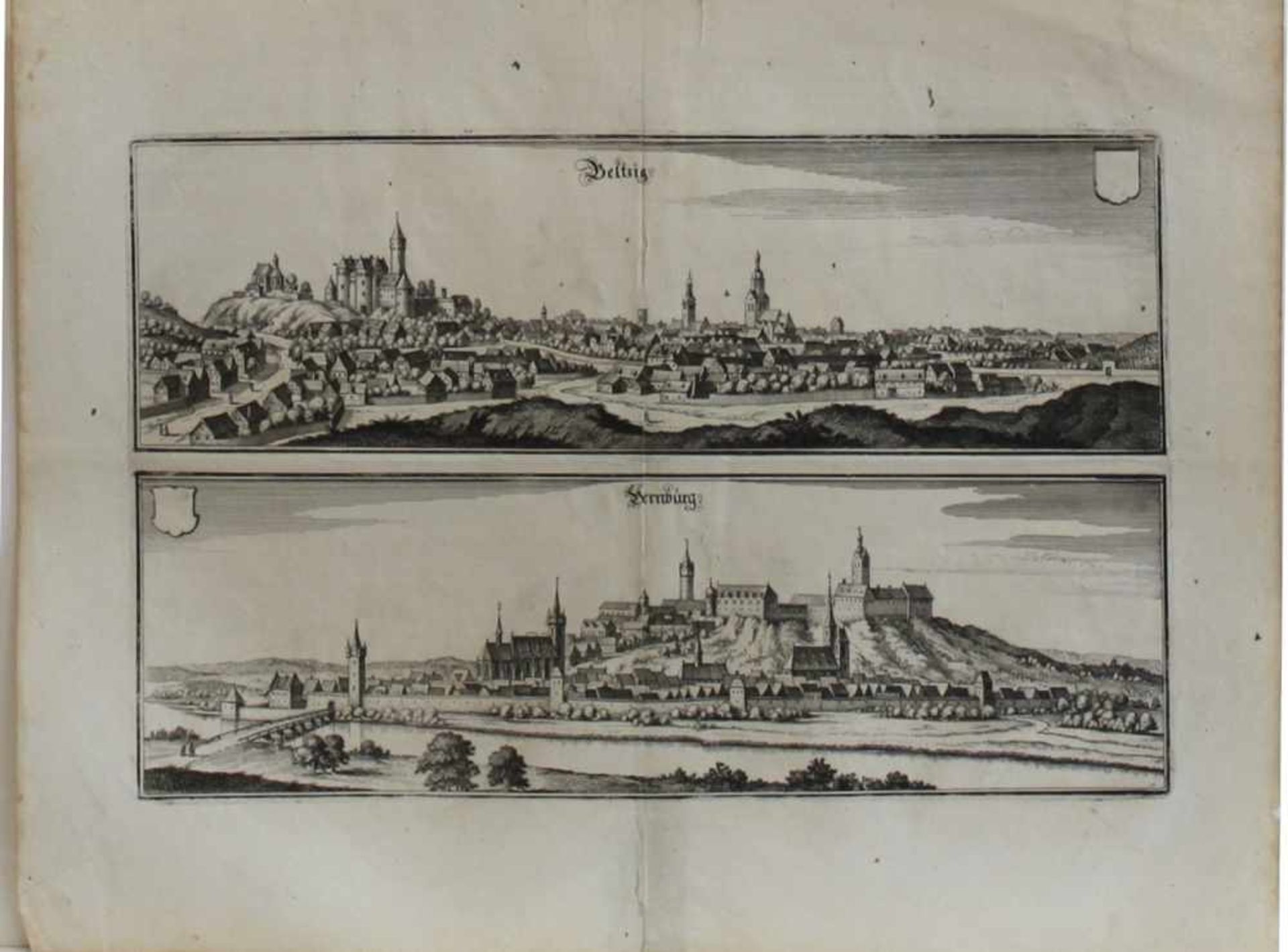 Bernburg / Saale und Beltzig. Zwei Gesamtansichten auf einem Blatt.Orig. Kupferstich von Merian