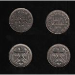 Deutsches Reich. 2 Silbermünzen zu 3 Mark. Kursmünzen. F 1924 und D 1925. Vorderseite: