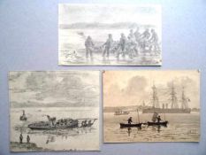 Kiel.- Hecker, A. Vom Kieler Hafen. 1 Sepiazeichnung und 2 Bleistiftzeichnungen auf Papier von 1875.