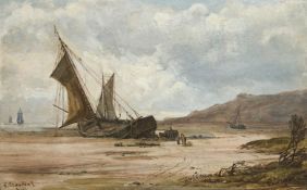 Claudius, Sophus (Schirnau 1815 - 1883 Kiel). Schiff auf Strand am Kieler Hafen. Öl auf Holz, um