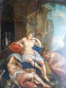 Anonym.- Diana mit 2 Nymphen. Ölbild auf Holzplatte, um 1800 (?). Schwer leserlich monogrammiert (