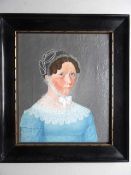 Anonym.- Porträt einer Dame in blauem Kleid. Aquarell und Deckfarben auf Papier, auf Pappe