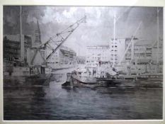Kiel.- Bootshafen. Aluminiumdruck. (Um 1960). 32 x 45 cm. Unter Passepartout gerahmt. Blick vom