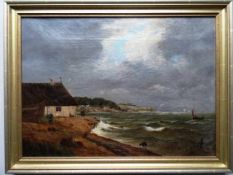 Dänemark.- Anonym.- Seestück mit Haus. Öl auf Leinwand. Um 1880. 30 x 42,5 cm. Gerahmt. Links ein