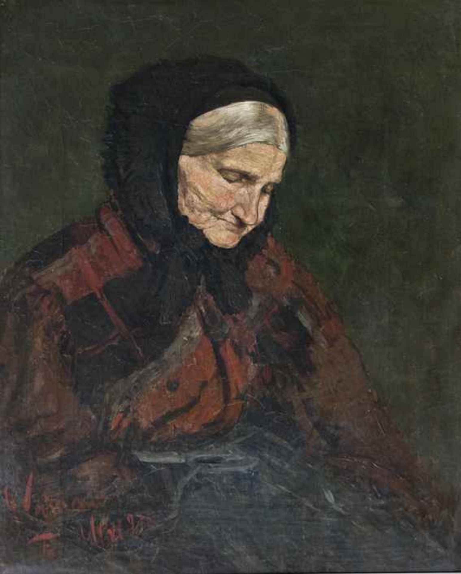 Feddersen, Hans Peter (Westerschnatebüll bei Niebüll 1848 - 1941 Kleiseerkoog). Alte Frau. Öl auf