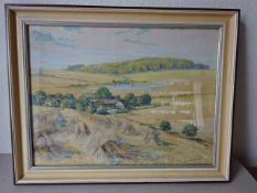 Noah, Alexander Oskar. Sommerliche Landschaft mit Kornhocken und Bauernhof. Aquarell auf Papier,