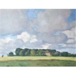 Johannsen, Albert (Husum 1890 - 1975). Bauernhäuser in sommerlicher Wiesenlandschaft. Öl auf