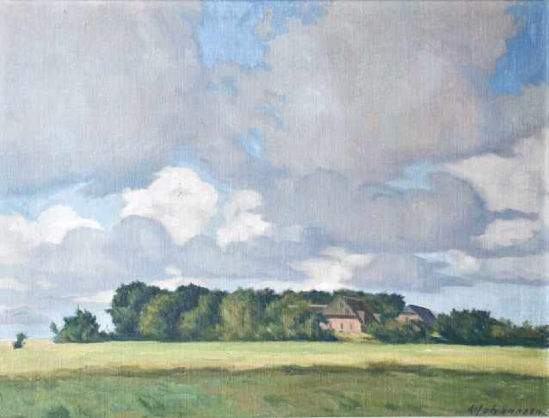 Johannsen, Albert (Husum 1890 - 1975). Bauernhäuser in sommerlicher Wiesenlandschaft. Öl auf