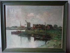 Wild, Otto (Trostberg 1898 - 1971). Windmühle am Wasser. Öl auf Leinwand, um 1930. Signiert. 56 x