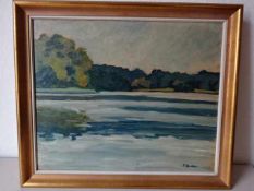Bruhn, Theodor (? - 1981). Der einsame See. Öl auf Sperrholz. Um 1950. Signiert. 47 x 57 cm.