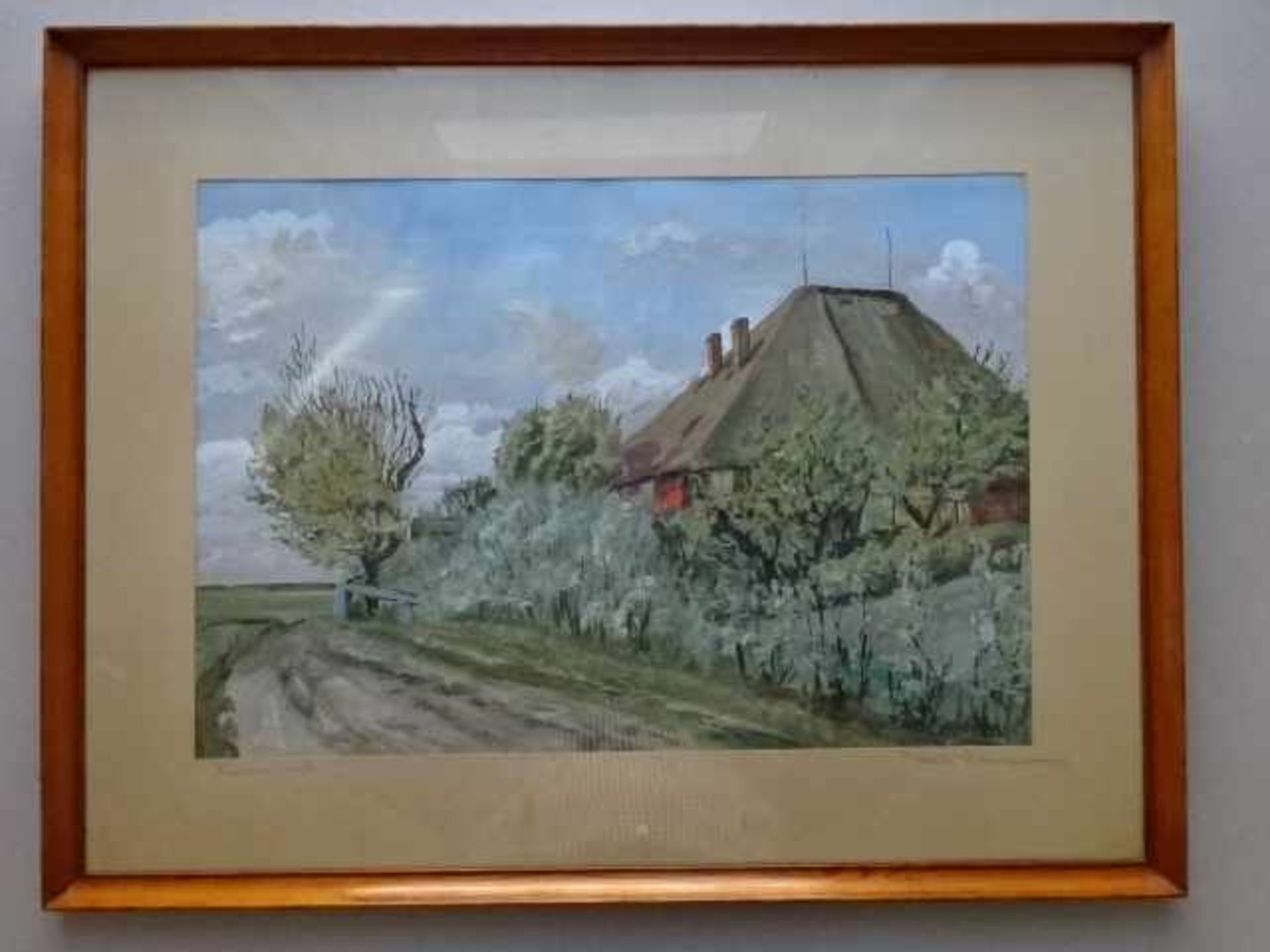 Schade, Walter. Knudsenswarft. Aquarell von 1956. Signiert und datiert. Auf dem Passepartout