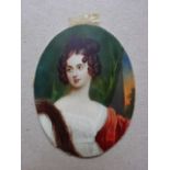 Miniaturen.- Junge Dame im weißen Kleid. Gouache auf Elfenbein, um 1820. Monogrammiert 'R.B.'. 8,5 x