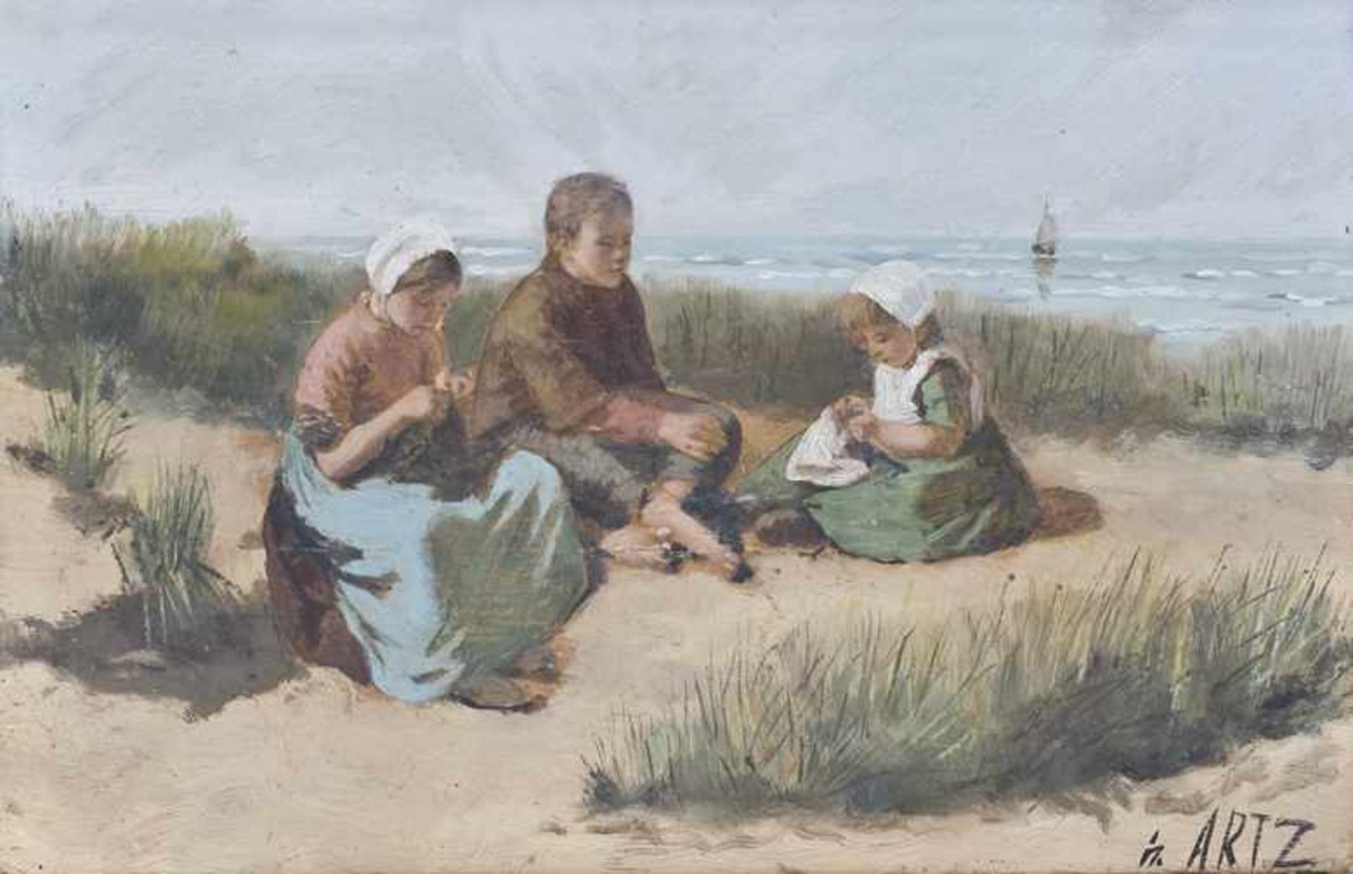 Artz, David Adolf Constant (Den Haag 1837 - 1890). Kinder in den Dünen. Öl auf Holz. Um 1880.