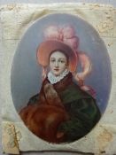 Miniaturen.- Junge Dame mit rosafarbenem Hut. Gouache auf Elfenbein, um 1820. Monogrammiert 'S.