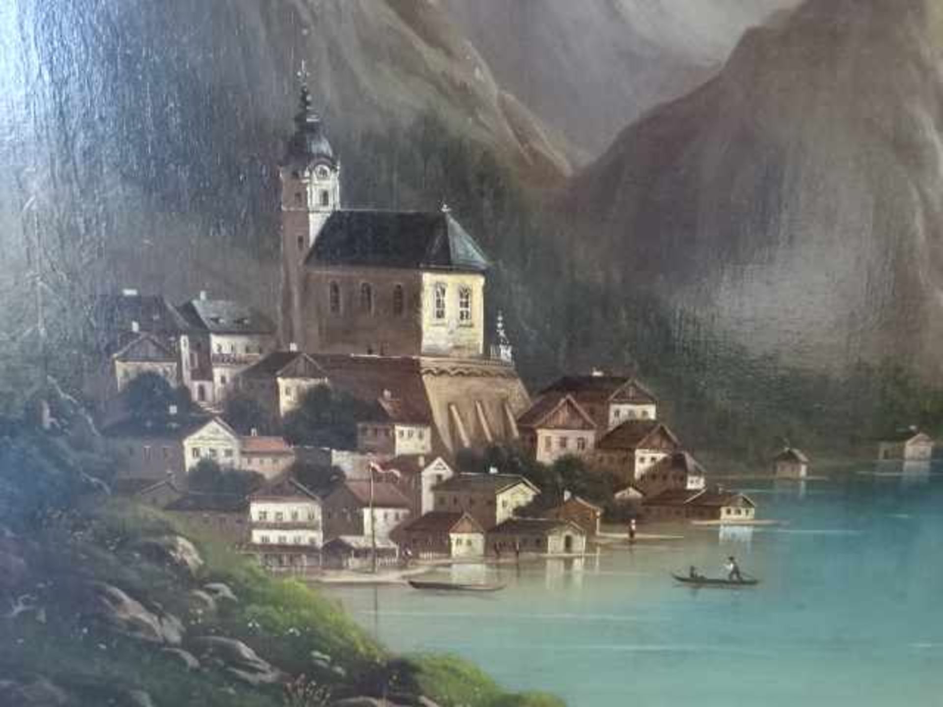 Lepie (d.i. Lepgé), Ferdinand (Prag 1824 - 1883 Wien). Dorf mit Kirche am Gebirgssee. Öl auf - Bild 2 aus 4