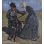 Lassen, Käte (Flensburg 1880 - 1956). Frau und Handwerker in jütländischer Landschaft. Öl auf