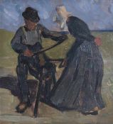Lassen, Käte (Flensburg 1880 - 1956). Frau und Handwerker in jütländischer Landschaft. Öl auf
