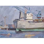 Duwe, Harald (Hamburg 1926 - 1984 Tremsbüttel). Hafen. Öl auf Karton von 1980. Unten rechts signiert