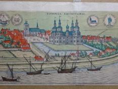 Nordfriesland.- Toninga Eiderstadiae. Altkolor. Kupferstich aus Braun/Hogenberg, um 1598. 18 x 40