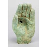 A Roman bronze left hand; bronze cast with fine naturalistic hand finish; fingers gently bowed;