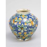 Sizilian ceramic vase, bowed shape with white neck, floral decorations on blue coloured ground,