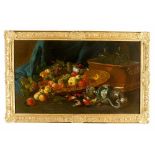 Willem van Aelst (1627-1683)-school, Large still life with fruits, birds and silver objects by a