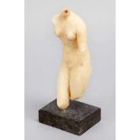 Female alabaster torso in ancient manner with missing head, hands and feet; old cracks, veins