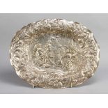 Large silver Augsburg representation plate, oval form with waved borders, white floral border