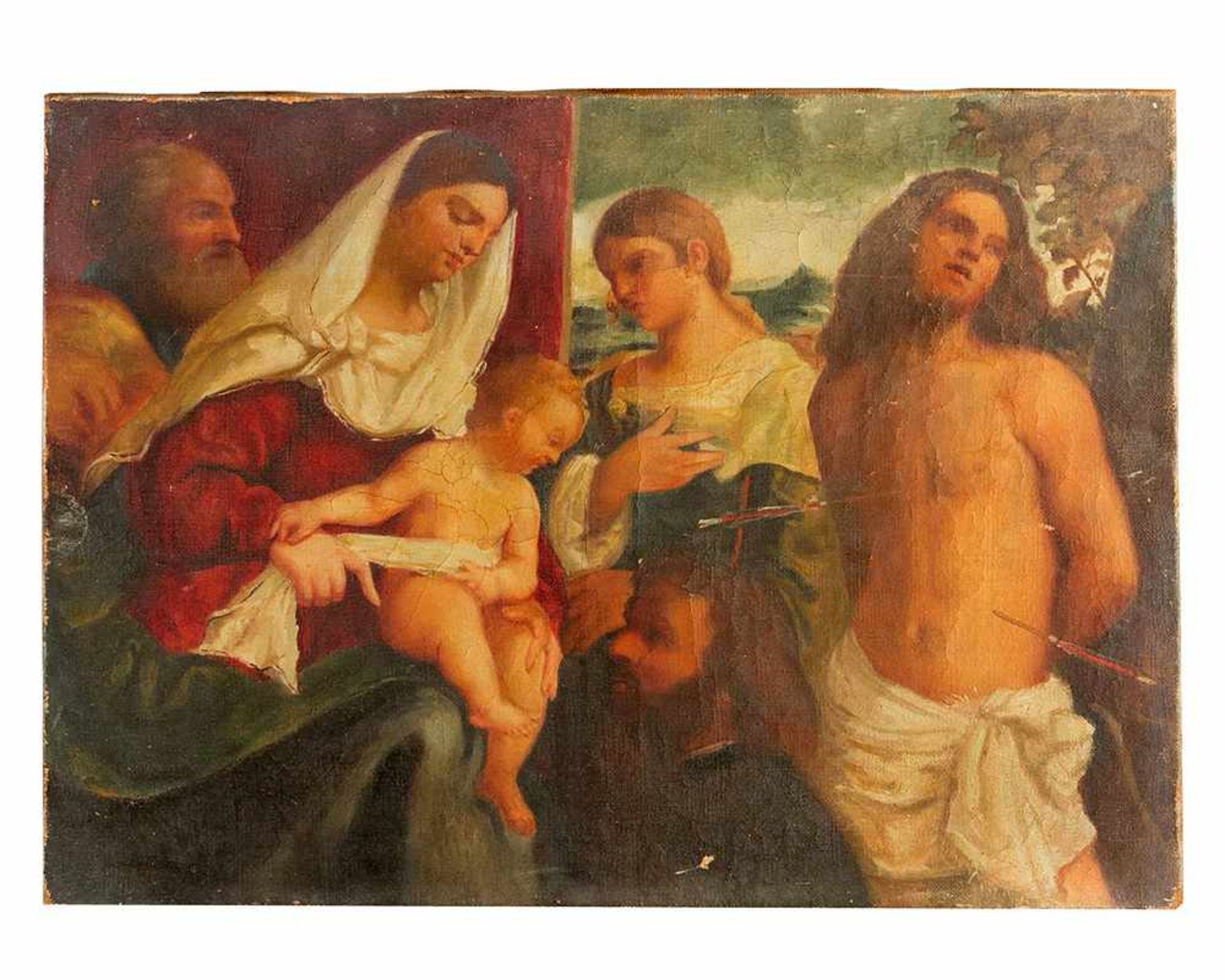Tiziano Vecellio (1490-1576)-follower, The Holy Family with Saint Sebastian in landscape, oil on