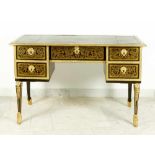 French Boulle marqueterie wrting desk on four shaped legs with scroll ending, rectangular shape with