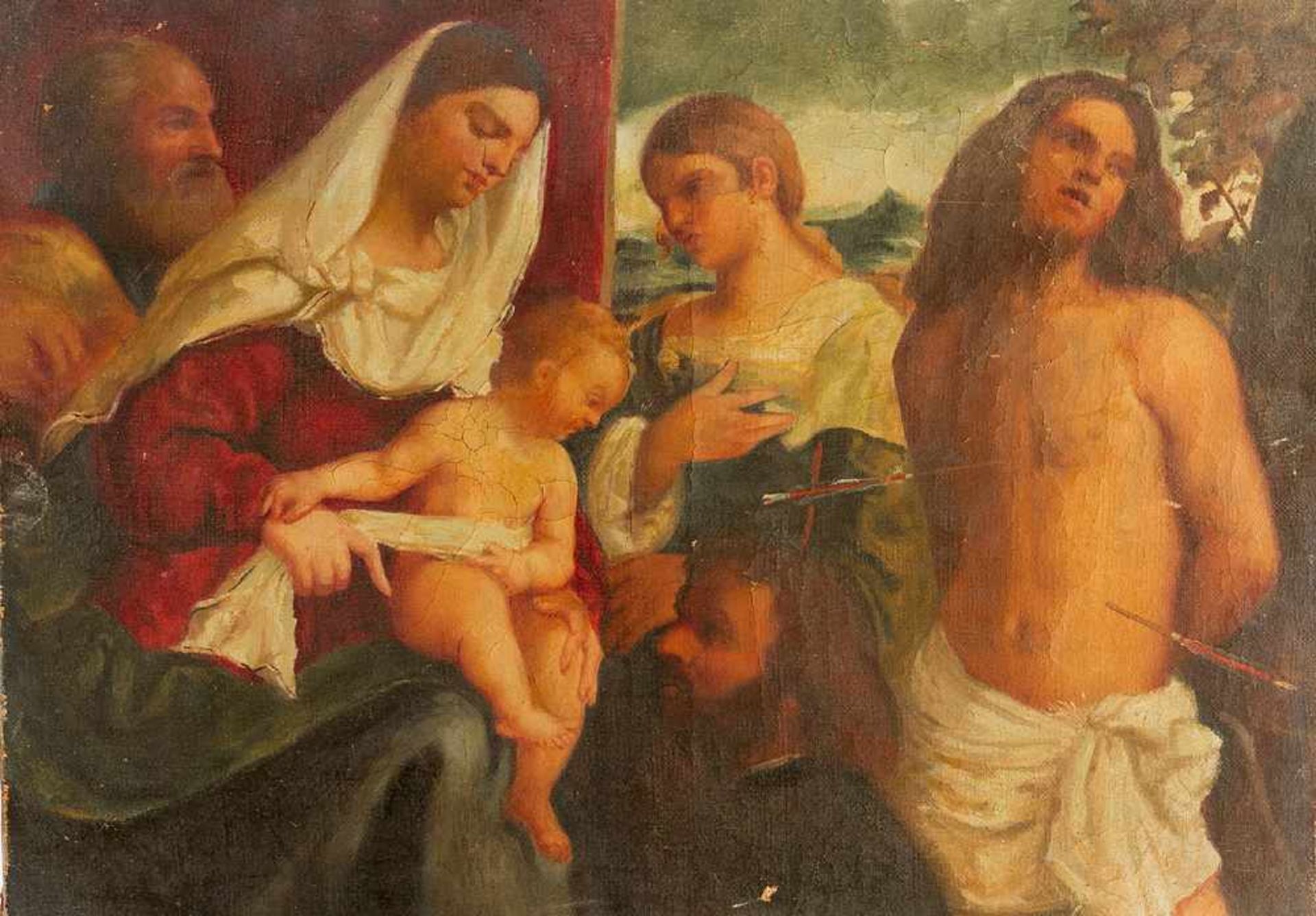 Tiziano Vecellio (1490-1576)-follower, The Holy Family with Saint Sebastian in landscape, oil on - Bild 2 aus 3
