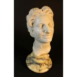 A Roman marble head of a faun with smiling face, curled hair and wreath in his hair; sculpted
