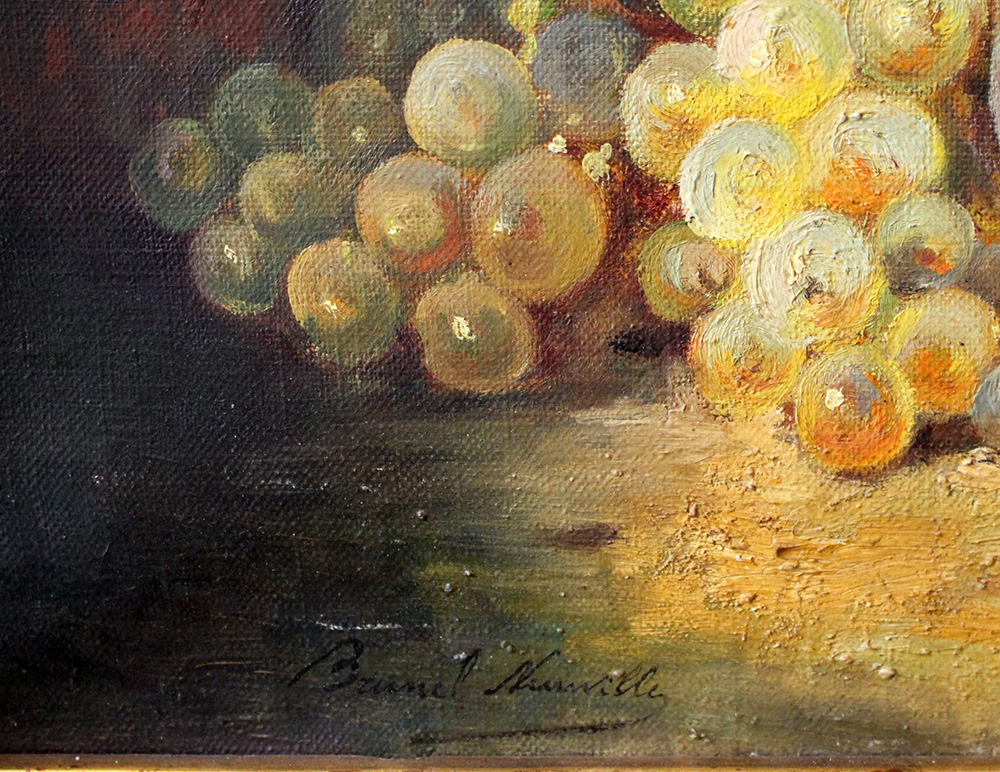 Alfred Arthur Brunel de Neuville (1852 – 1941), Still life with peaches, grapes and a jug; oil on - Image 3 of 3
