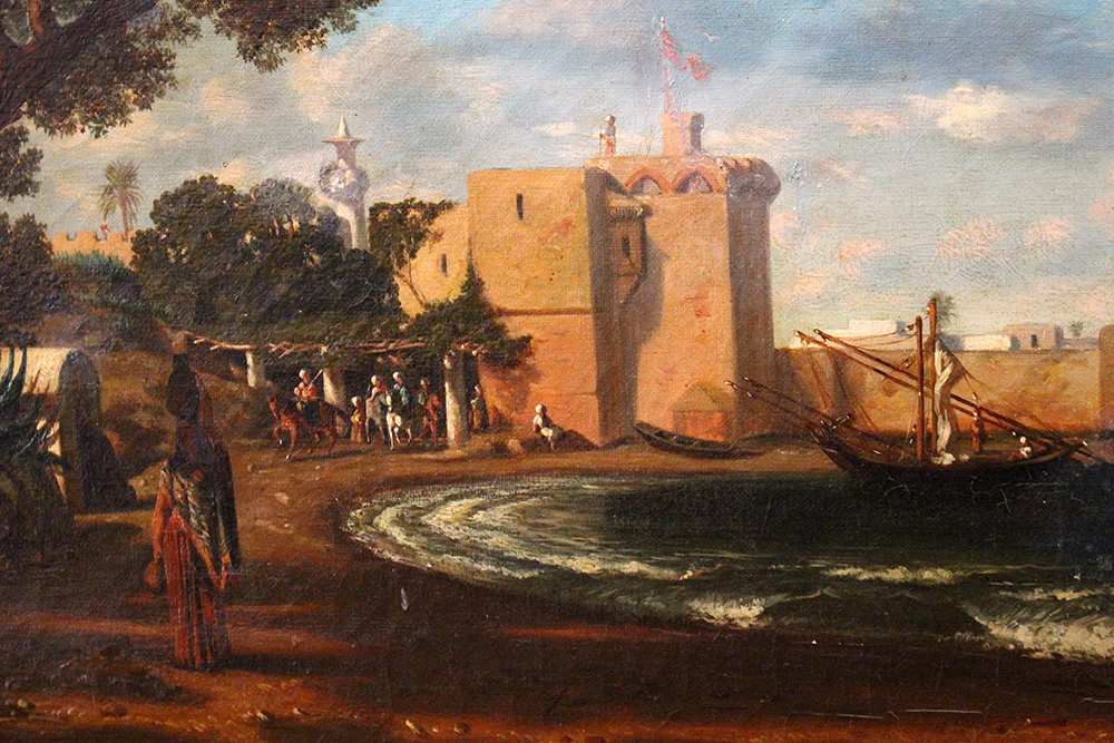 Orientalist of the 19th Century, Horse riders by a fortress at the sea; possibly Algiers?; oil on - Image 3 of 3