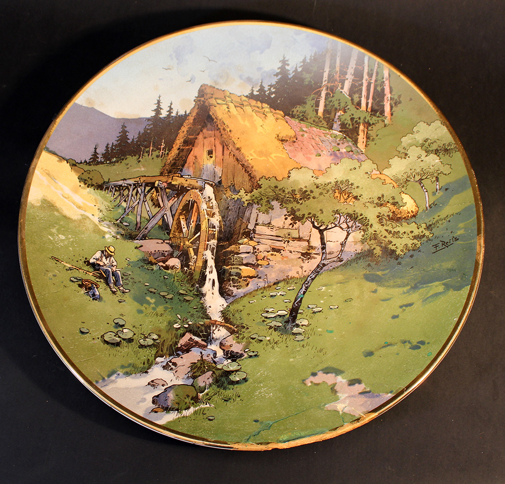 Villaroy & Boch ceramic dish by Mettlach with a design by F. Reils showing a mill with farmer in
