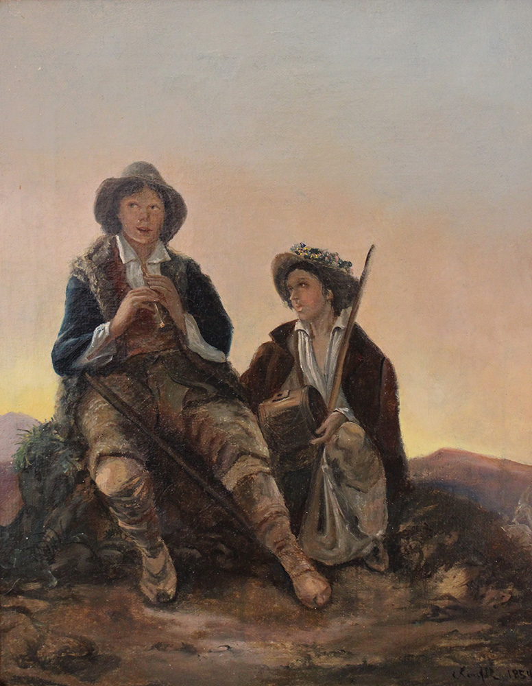 Artist 1st half 19th Century, Two shepherds in landscape; oil on canvas; described Ranflt 1854 - Image 2 of 3