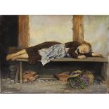 Albert Anker (1831-1910)-circle, Sleeping girl, oil on canvas, described bottom left, on the reverse